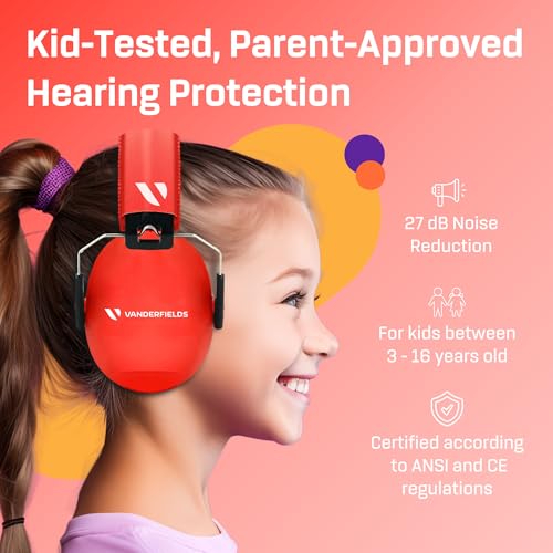 Kids Noise Canceling Headphones - 33 dB (2K Hz) - Ear Protection Earmuffs | Vanderfields' earmuffs protect child's hearing with certified noise-cancellation, soft ear cushions, and adjustable headband - color: Red