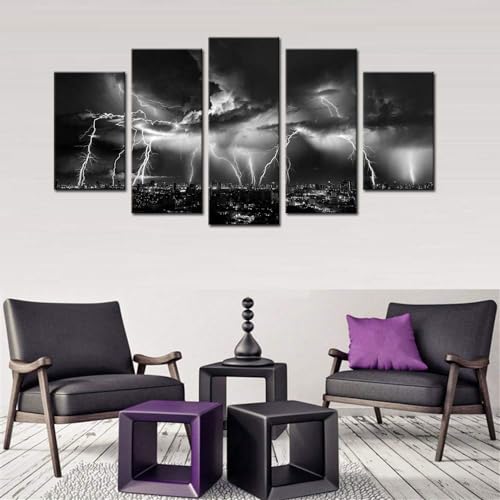 Biuteawal - Black and White City Wall Art Nature Lightning Strikes in The Clouds Painting on Canvas Storm Cityscape Picture Print for Home Office Bedroom Decoration - size: W60"xH32"