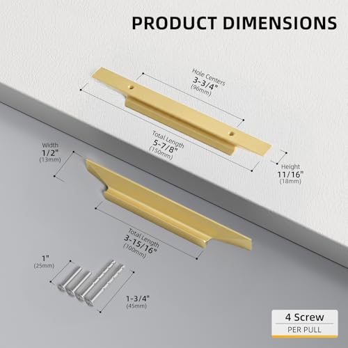 Goldenwarm 10 Pack Gold Cabinet Handles, 3-3/4" Hole Center Finger Pulls - color: Matte Gold, size: 3-3/4in Hole Centers