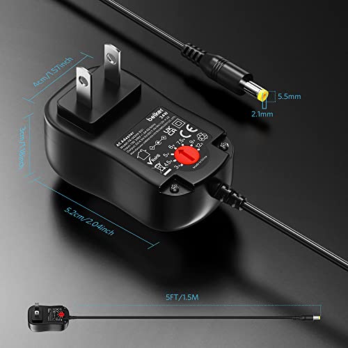 Belker 24W Universal 3V 4.5V 5V 6V 7.5V 9V 12V AC DC Adapter with 8 Tips | Power Supply for Router Light Strip CCTV Camera Speaker and More Household Electronics - 2A Max - size: 24w 3-12v 2a