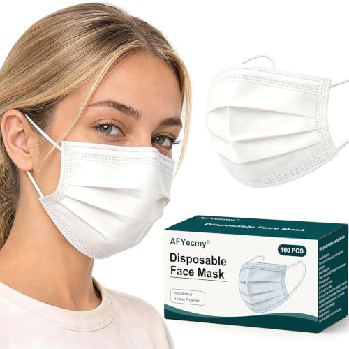 Disposable Face Masks 100 Pack, 3-Ply Breathable Masks with Soft Comfortable Earloops, Adjustable Nose Clip for Office, Travel, School & Public Use, White - color: White