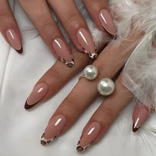 LPOODDNU Leopard Press on Nails Almond - Medium Fall Fake Nails with French Tip Designs, Glossy Finished Reusable False Nails with Double Adhesive Glue Tabs - 24Pcs Nail Kit for Women Manicure - color: leopard french tip