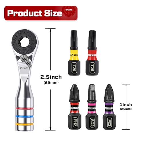 GEINXURN Mini Ratchet Wrench Set, 72 Teeth 1/4" Ratchet Wrench for Tight Spaces with Screwdriver Bit (PH2, SQ2, T20, T25) Stored in a Push-Pull Tin Case, Ideal for Repair and DIY Projects - size: 06