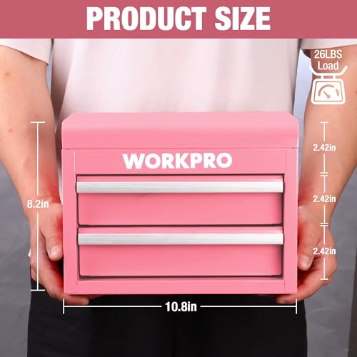 WORKPRO Metal Mini Tool Box with 2 Drawers and Top Storage - color: Pink