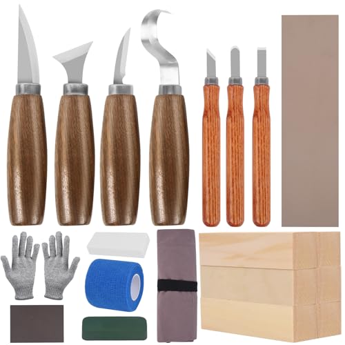 Wood Carving Kit, Wood Carving Tools Set with Wood Carving Knives Detail Knives Blocks Gloves Whittling Kit for Beginners Adults Kids Woodworking Tools for Spoon, Bowl, Kuksa Cup (26PCS)