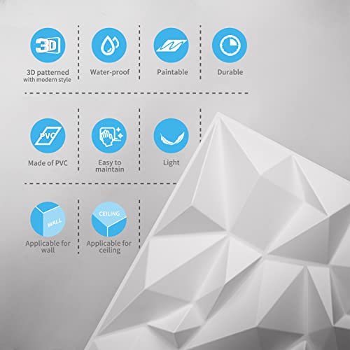 Art3d Textures 3D Wall Panels White Diamond Design for Interior Wall Decor Pack of 12 Tiles 32 Sq Ft (PVC)