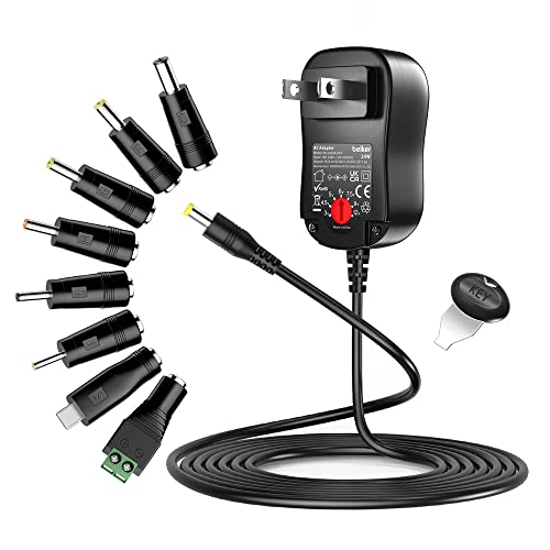 Belker 24W Universal 3V 4.5V 5V 6V 7.5V 9V 12V AC DC Adapter with 8 Tips | Power Supply for Router Light Strip CCTV Camera Speaker and More Household Electronics - 2A Max - size: 24w 3-12v 2a