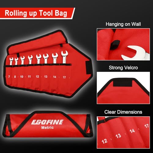 Egofine 8-Piece Ratcheting Wrench Set, Cr-V Steel Mertic Wrench Set from 7mm to 17mm wrench, 72 Teeth Ratchet Wrench, 12 Point Open End & Box End Combination wrench set with Roll Up Pouch - size: Metric-8 piece set