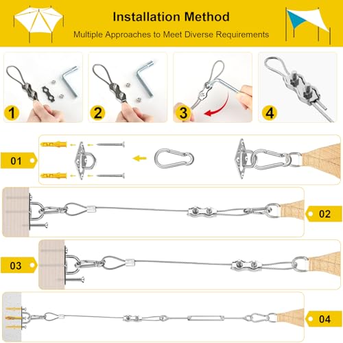 HYASIA Shade Sail Hardware Kit with Wire Ropes, 304 Stainless Steel Heavy-Duty Rustproof Turnbuckles, Hardware for Triangle Rectangle Square Sun Shade Sails, Ideal for Patios Gardens Lawns Outdoor