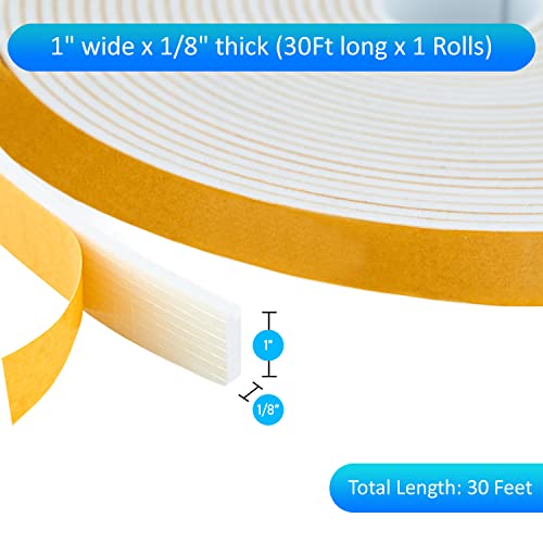 High Density Foam Weather Stripping Door Seal Strip Insulation Tape Roll for Insulating Door Frame, Window, Air Conditioner | Self Adhesive Sealing Weatherstrip (White, 1 in x 1/8 in x 30 Ft) - color: White, size: 1 In x 1/8 In x 30 Ft