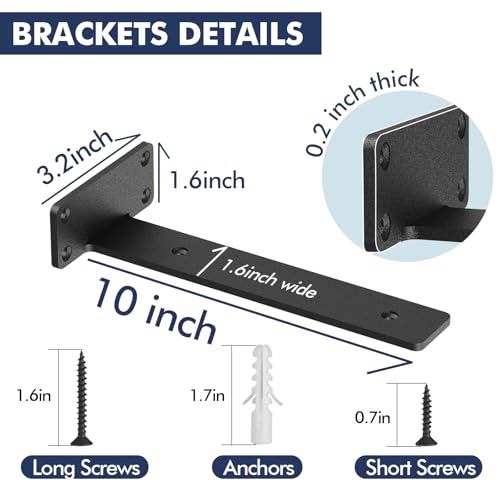 Starunder 6 Pack Floating Shelf Brackets, 10 inch Heavy Duty Industrial Shelf Bracket, Black Metal L Brackets for Shelves Support DIY(1/5 Inch Thicked) - size: 10 Inch