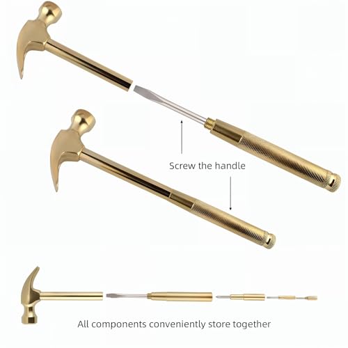 Multifunction Hammer 6 in 1 with Slotted/Flat Head Phillips Screwdriver Claw Hammer Manual, Portable Metal Mini Tool Hammer (Gold) - color: Gold