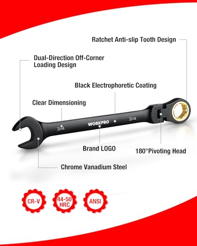 WORKPRO 8-piece Ratcheting Combination Wrench Set, SAE & Anti-Slip Tooth - size: SAE, style: Anti-Slip Tooth
