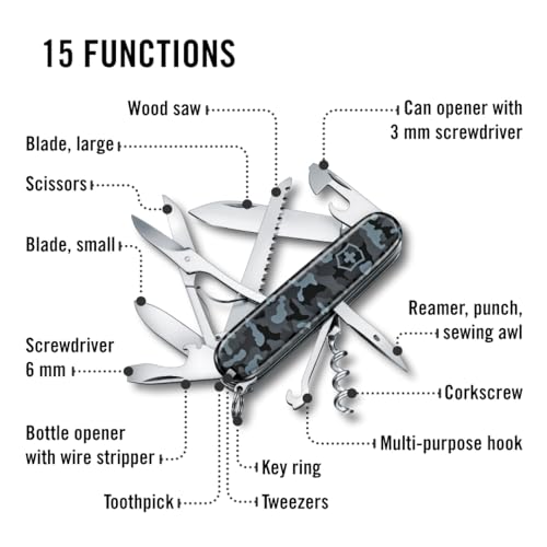 Victorinox Huntsman Swiss Army Knife, 15 Functions, Swiss Made Pocket Knife with Large Blade, Screwdriver, Scissors and Wood Saw - Navy Camouflage - color: Navy Camouflage, style: Single Knife