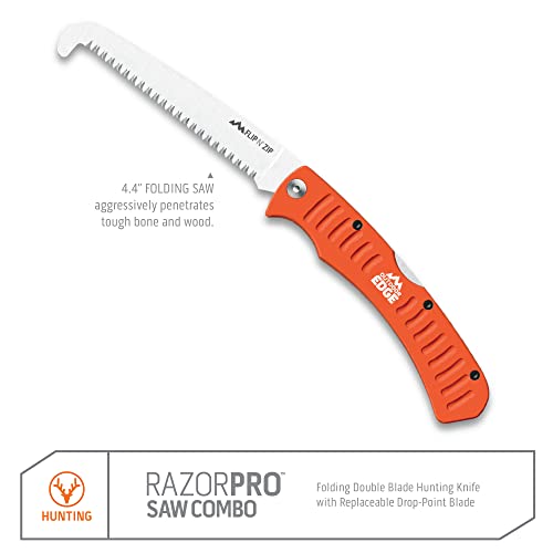 OUTDOOR EDGE RazorPro Double Blade Hunting Knife with Flip N’ Zip Bone Saw – Folding Knife with Gutting Blade & Replaceable RazorSafe Skinning Edge, Includes Camo Nylon Sheath - style: RazorPro (Gut & Skinning + Saw)