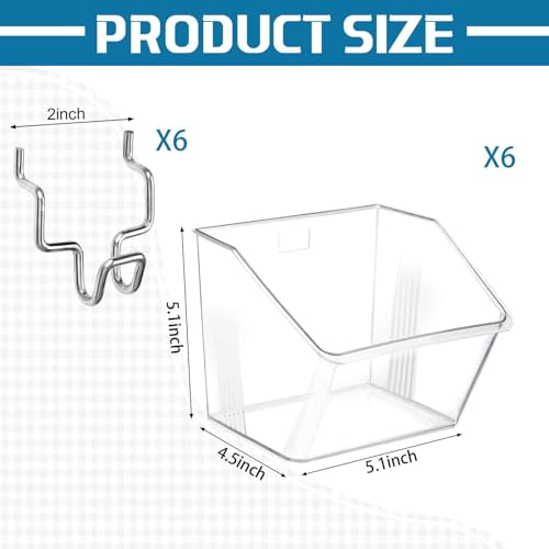 Layhit 6 Set Pegboard Bins with Metal Hooks 5.1" Hanging Organizer | Slatwall Accessories, Workshop Clear Pegboard Baskets, Office Craft Supply Holder, Garage Wall Hanging Storage Containers