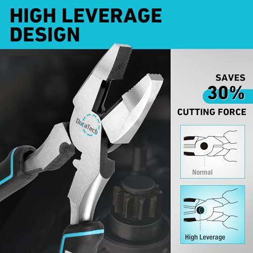 DURATECH 9.5" High Leverage Linemans Pliers, Side Cutters - size: 9.5 inch