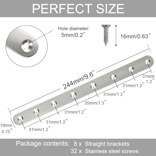 8 Pack Stainless Steel Flat Brackets,10 Inch Straight Brackets with Screws