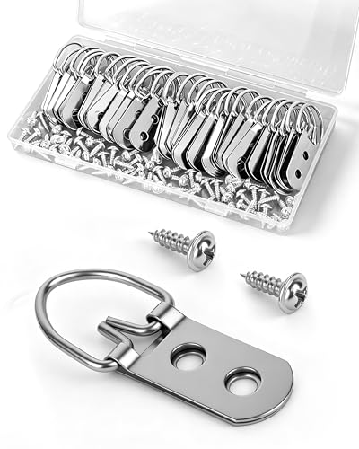 Picture Frame D-Ring Hangers with Screws 30 Pack, Double Hole Hanging Hardware for Photo Frames, Wood Frames and Wall Art – 60 Screws Included, Stainless Steel.