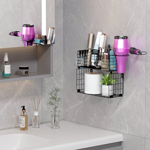 Metal Hair Tool Organizer with Toilet Paper Storage Basket Wall Mount - color: Black 2 Tiers