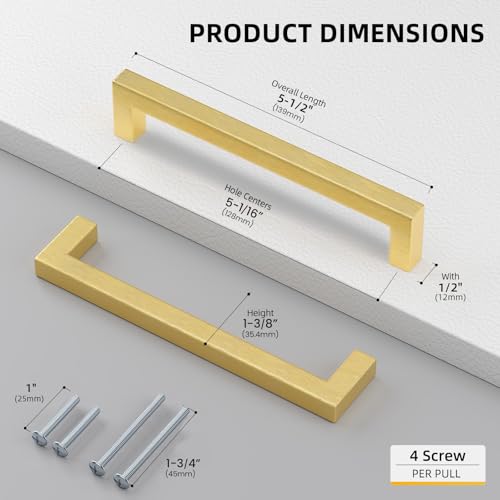 Goldenwarm 5 Pack 5 in Gold Cabinet Handles Square Drawer Pulls - color: Gold, size: 5 Inch Hole Center