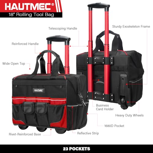 HAUTMEC 3-Piece Rolling Tool Bag Set - 18" Tool Bag with Wheels & Telescoping Handle, 15" Open Top Tool Tote & 12" Wide Mouth Small Bag, Heavy-Duty 1680D Water-Resistant Tool Storage - style: 3-Pcs Set | Red