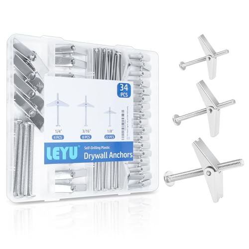 LEYU 34Pcs Butterfly Toggle Bolts Kit, Includes 1/4"-4pcs, 3/16"-8pcs, 1/8"-22pcs ，Zinc Plated Hollow Wall Anchors ，Drywall Toggle Bolts for Drywall, Plaster, Ceiling, and Hollow Wall Mounting