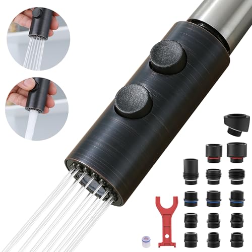 TIORIY Kitchen Faucet Head Replacement Metal, Pull Down Spray Head with 15 Adapters for Kitchen Faucet, 2 Function Kitchen Sink Spray Nozzle, Stainless Steel, Oil Rubbed Bronze - color: Oil Rubbed Bronze