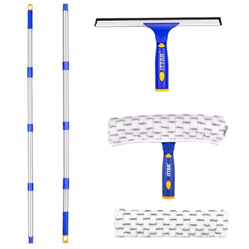 ITTAR Window Squeegee with 2 Sets Separate Pole, 12" Rubber Squeegee and 11" Microfiber Pads, 60"-73.6" Telescopic Window Cleaning Kit with Rotating Head for High Windows, Shower Glass, Car Windshield - color: White&blue