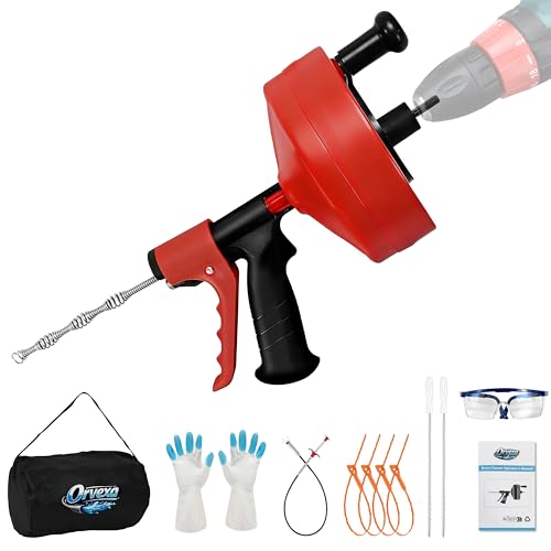 Drain Snake 25 Ft with Drill Attachment, Auto Feed 1/4 Inch Plumbing Snake for Sink, Shower & Tub Clogs, Manual or Drill-Powered Drain Auger, with Gloves, Safety Glasses & Storage Bag - color: 25FT