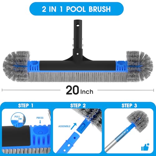 Upgraded Pool Brush with Pole - 20’’ 2-in-1 Heavy Duty Detachable Round Brush with Extra Side Brush for Cleaning Hard-to-Reach Corners, 9 FT Aluminum Extended Pool Pole with Hidden Hook Retriever - size: 20.5 Inch