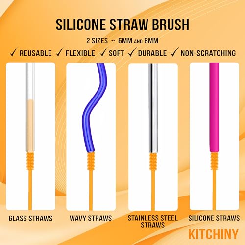 Kitchiny Silicone Bottle Brush 12.5 inch with 2 Straw Cleaners – Orange | Bottle Cleaner Brush for Yeti, Hydro Flask, Owala, Stanley, Baby Bottles, Vases & Narrow Neck Containers - color: Orange