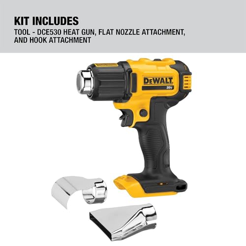 DEWALT 20V MAX Heat Gun, Cordless, Up to 990 Degrees, 42 Minutes of Run Time, LED Light, Heatgun with Flat and Hook Nozzle Attachments,Tool Only (DCE530B)