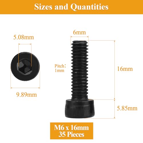 35 Pieces M6 x 16mm Socket Head Cap Screws, Thread Pitch 1.0mm, Sutemribor M6 Black Screws, 12.9 Grade Alloy Steel, Black Oxide Finish, Fully Threaded - size: M6 x 16mm, style: Socket Head