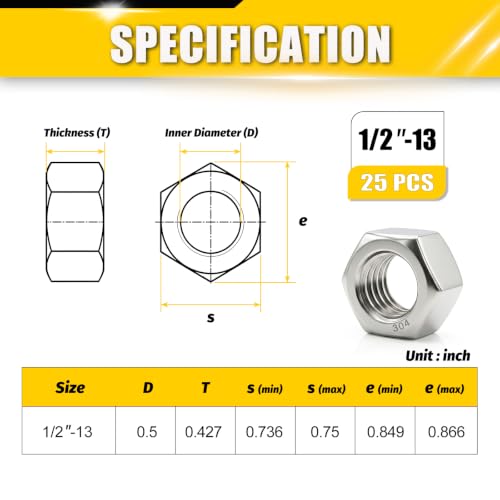 1/2-13 UNC Hex Nuts 25Pcs 304 Stainless Steel A2-70 Rustproof - size: 1/2-13