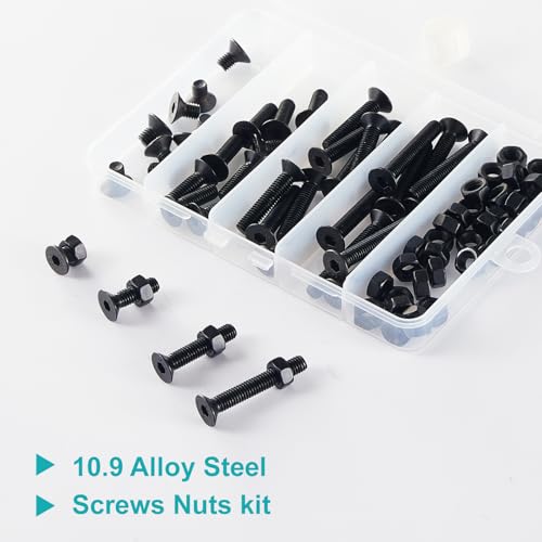 M6 x 10mm 20mm 30mm 40mm, Flat Head Hex Socket Cap Screws Bolts, Countersunk Bolts and Nuts, 10.9 Grade Alloy Steel, Black Oxide, Metric Allen Drive, Fully Thread, Assortment Kit 80PCS - size: M6x10-40mm+Nuts