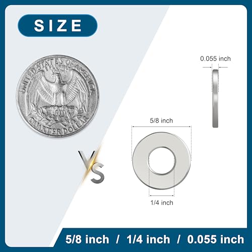 100 Pcs 1/4-Inch Flat Washers 304 Stainless Steel for Screws