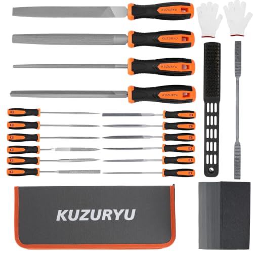 KUZURYU 31PCS Metal File Set - 4 Metal Files for Steel and 12 Needle Files with Steel Brush, Tool Bag, Riffler File, 12 Sandpaper and Gloves, Suitable for Metal and Wood Processing - size: File Set-31pcs