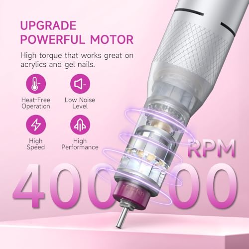 Electric Nail Drill Professional, Portable Nail File for Acrylic Gel Nails, Cordless Rechargeable Ultra Power Nail Drill Kit 40000RPM, Salon-Grade Efile Nail Machine (White) - color: White