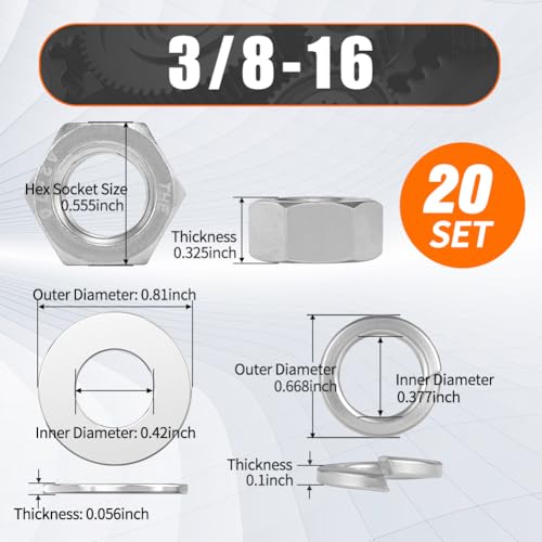 #3/8-16 Nuts and Washers Assortment Kit, Hex Nut Spring Washer Flat Washer | 60pcs 304 Stainless Steel Assorted Washers with Nuts for Screws Bolts, SAE - color: steel gray, size: SAE 3/8-16