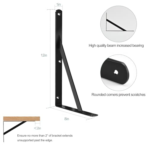 4 Pack L12 x H 8" Black Heavy Duty Shelf Brackets with Screws Metal Shelf Brackets Shelf Support Angle Brackets for Shelves L Brackets Heavy Duty Floating Shelf - size: 12''x8'', style: 4 Pack-Black