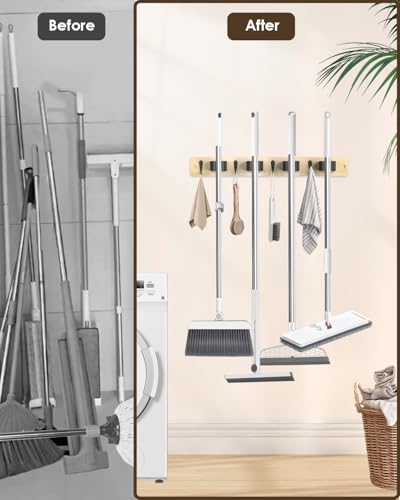 AceMining Light Wood Broom Holder Wall Mount, 4 Holders 4 Hooks Mop Holder - color: Light Wood, size: 1 Pack