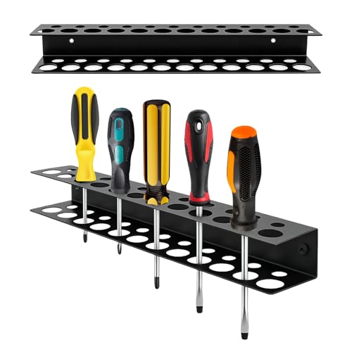 15.7" Screwdriver Holder Organizer, Wall Mounted Durable Tool Storage Rack with 23 Holes for Screw Drivers, Ideal for Garage Workshop and Home Use, Black