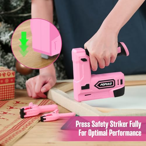 POPULO Pink 4V Cordless Staple Gun, 2-in-1 for Upholstery, Manual Upgrade - color: Pink
