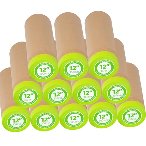 Tangibay Pre-Taped Masking Paper for Painting - 12 inch x 50 feet Tape and Drape Painters Paper, Paint Adhesive Protective Paper Roll for Covering Skirting, Frames, Cars and Auto Body (12 Rolls) - size: 12 Rolls: 12"