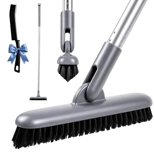 DSV Standard Grout Scrub Brush with Long Handle, 50'' Tile Grout Scrubber, V-Shape Crevice Cleaning Brush for Hard to Reach Areas, 180° Rotation Grout Cleaner for Tile Floors, Baseboards and Corners