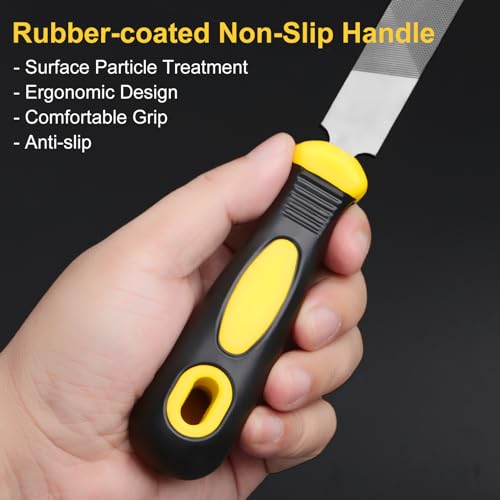 8“ Flat Hand Metal File, 10pcs, length 12”, Ergonomic Rubberized Handle, Uniform Teeth, Strength High Carbon Steel, Perfect for Long Time Use for Trimming, Sharping Metal, Stone, Wood, etc.