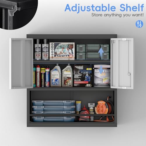 Garage Locking Cabinet, Wall Storage Cabinet with Shelves, Hanging Cabinets with Open Storage, Small Wall Cabinet, Lockable Tool Cabinet for Basement, School, Office - color: 31"h - Grey/Black