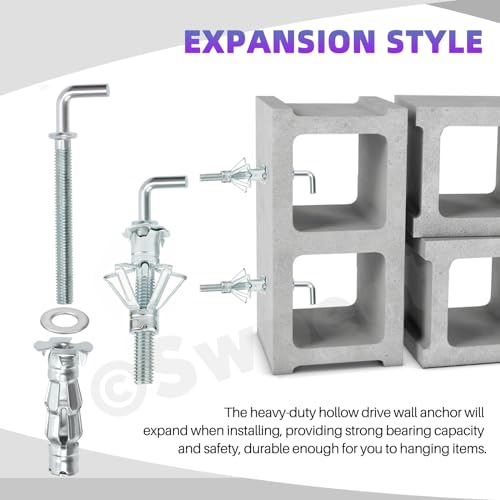 Swpeet 46Pcs M4x32mm M4x38mm M5x37mm M5x52mm M6x52mm M6x65mm L-Shape Heavy Duty Hollow Wall Anchor Set, Hollow Drive Wall Anchor Screws Assortment Kit for Drywall Hollow Wall Plaster Walls