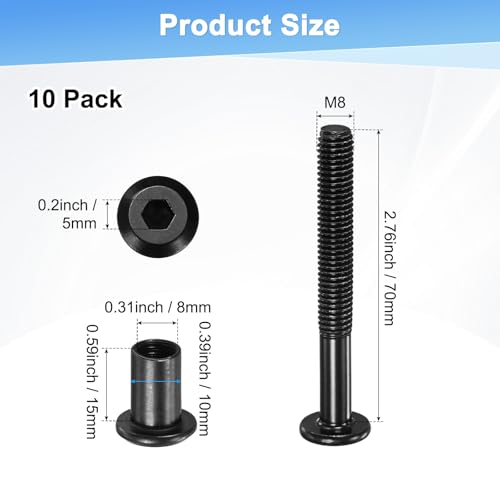 M METERXITY 10-Pack Hex Drive Socket Cap Bolt, M8 x 46mm Carbon Steel Furniture Connector Bolts Barrel Nuts for Furniture Assembly/Cabinet/DIY Binding Post Screws Rivet Fasteners [Black] - size: M8 x 46mm